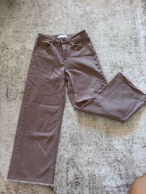 Verve High Rise Flare Jeans Taupe Brown Raw Hem Stretch Denim Size 26